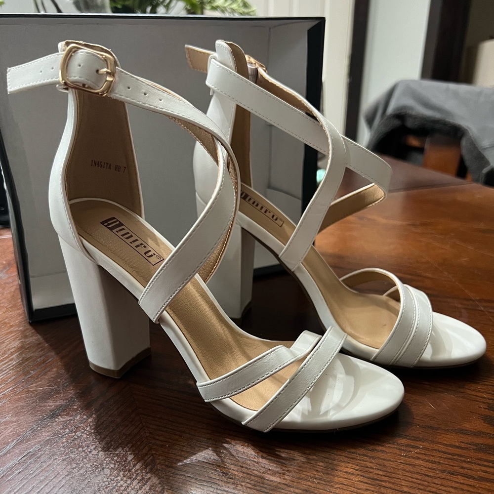 White 4” heels, size 7, worn once for wedding day